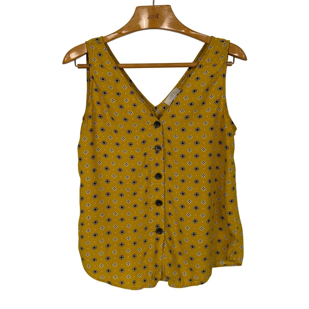 LOFT Outlet Tank Top Button Front Floral Geo Small Mustard Yellow Viscose